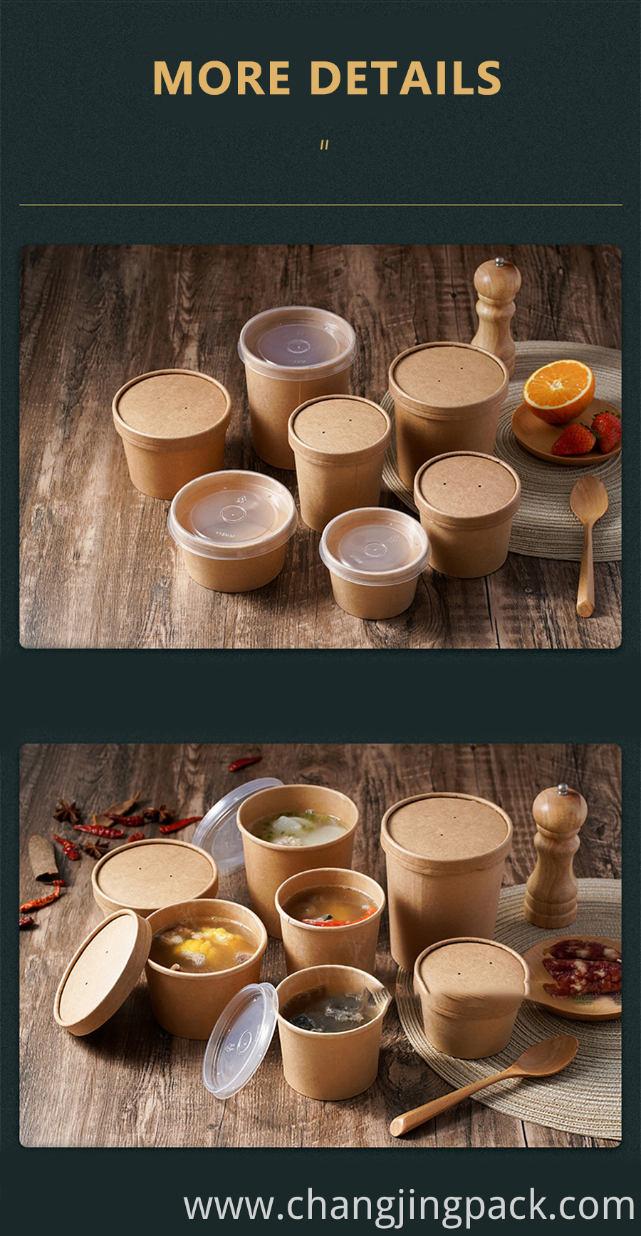 Disposable Kraft Paper Food Cups, Ice Cream Cups, Paper food Storage with Lids